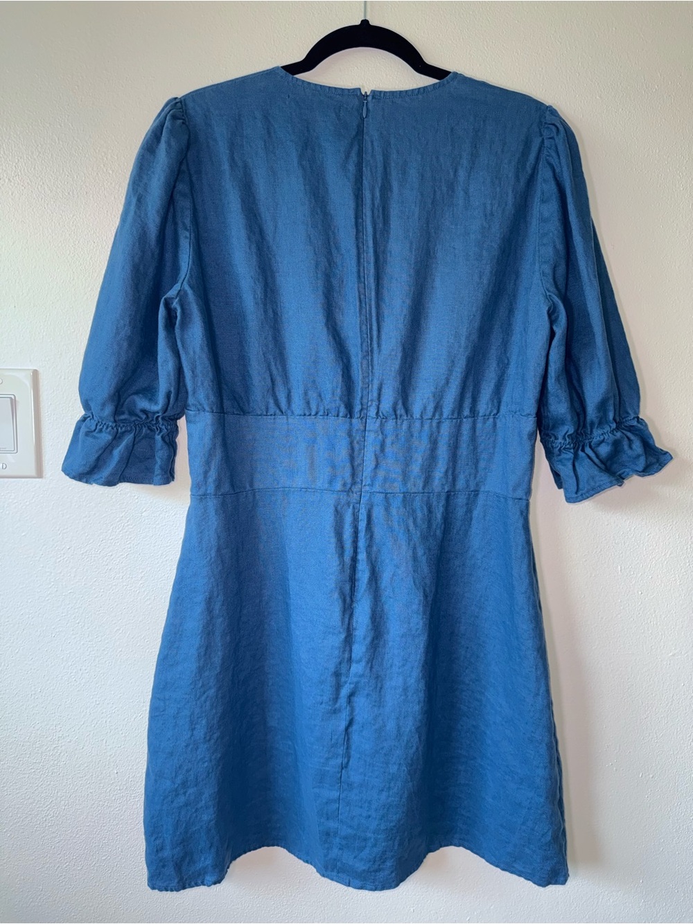 Reformation Simi Linen Mini Dress Blue Puff Sleeve V-Neck Size 12 - Picture 8 of 13